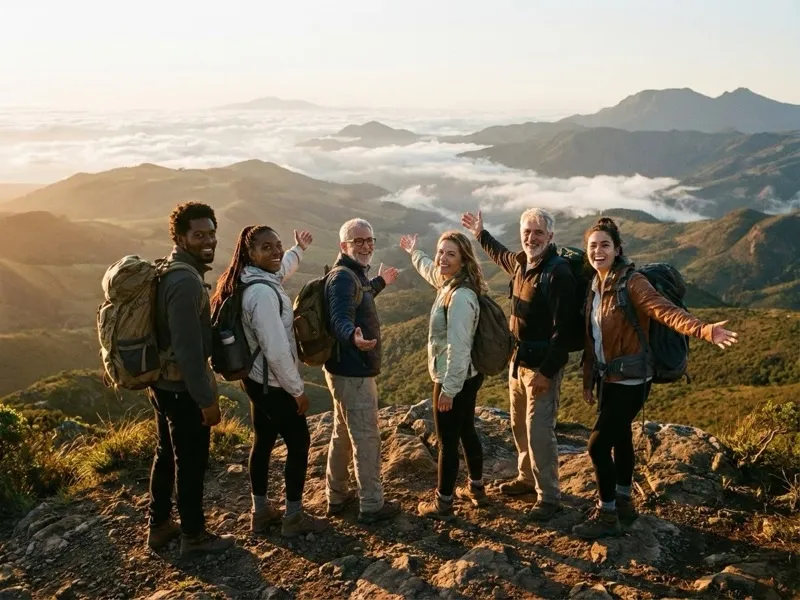 Diverse group of travelers on a mountain overlook at golden hour