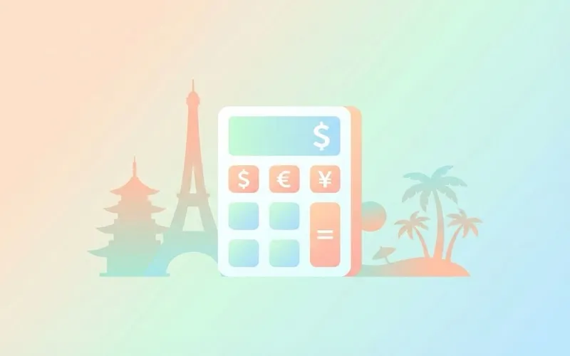 Budget calculator illustration showing calculator with currency symbols