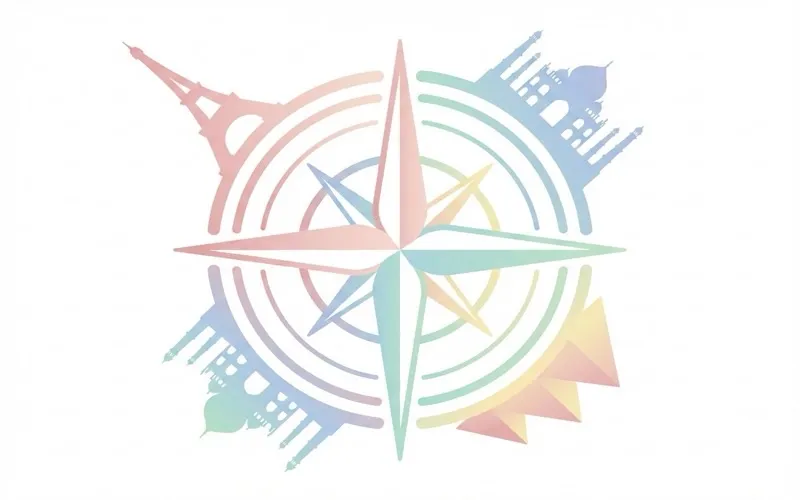 Destination guides illustration showing compass rose with landmark silhouettes
