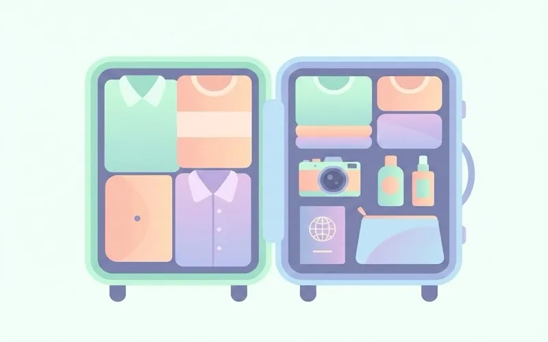 Packing list illustration showing open suitcase with organized travel items