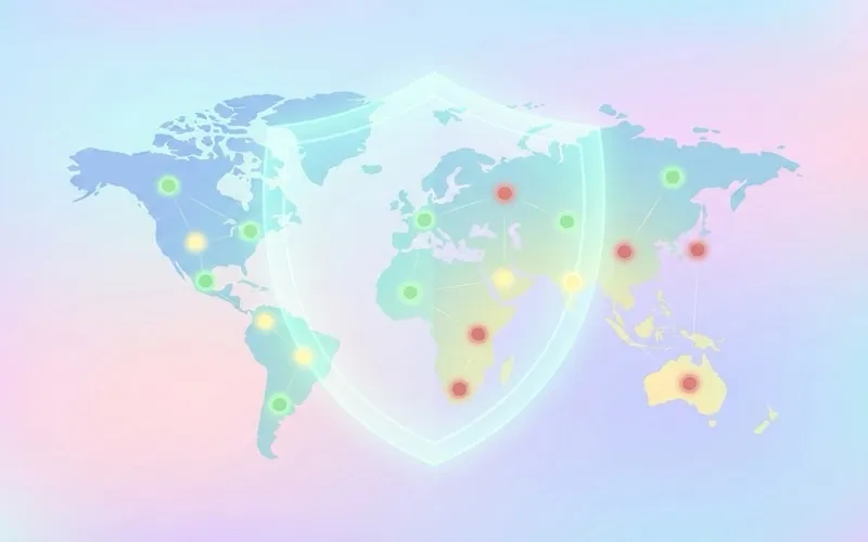 Travel safety illustration showing world map with shield overlay